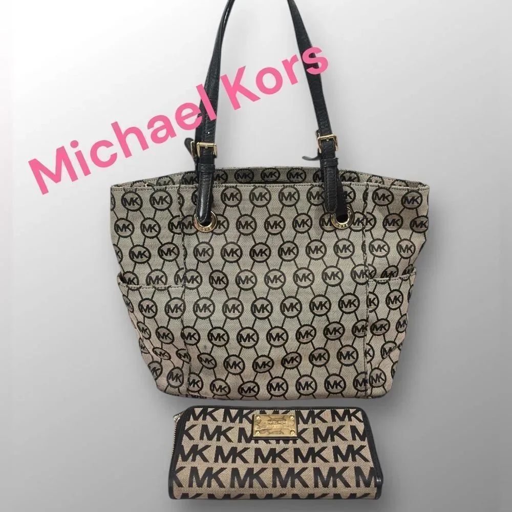 Michael Kors SET Black and Tan Women's Tote Bag + Wallet